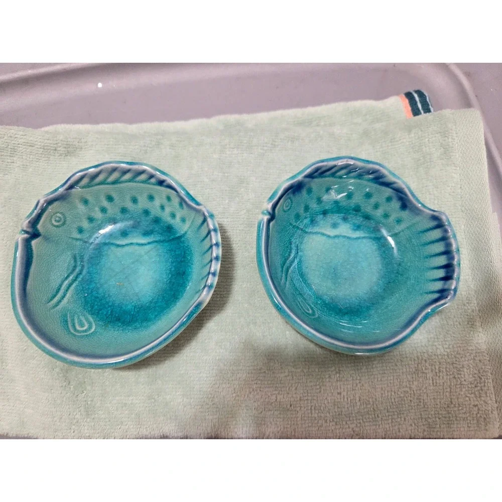 Japanese Turquoise Fish Shaped Pottery Trinket Dish Tea Bag Holders Dip Bowl Set